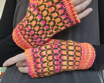Knit Merino Fingerless Gloves, Neon Orange, Pink, and Green Fingerless Mitts