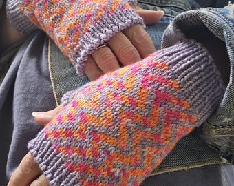 Knit Merino Fingerless Gloves, Pink and Purple Zig Zag