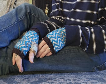Hand Knit Merino Wool Fingerless Gloves, Blue Zig Zag Mitts