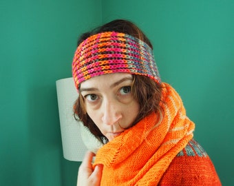 Hand Knit Merino Wool Headband Ear Warmer: Fluorescent Brioche Stitch