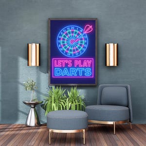 Neon Darts Art - Darts - Wall Art - Darts Wall Art - Man Cave Wall Art – Retro Bar Game Room Poster – “Let’s Play Darts” Neon Sign Print