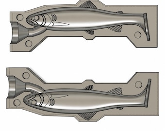 May include: A two-part metal injection mold for creating a soft plastic fishing lure shaped like a fish. The mold features a central cavity with detailed fins and a tail, along with a funnel-shaped sprue entry point for pouring material.