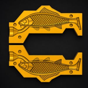 Op de afbeelding: Een tweedelige goudgele metalen mal met een uitgespaard visontwerp op elke helft. De mal bevat een trechtervormige opening aan de linkerkant voor het gieten van materiaal, met cirkelvormige gaten in de hoeken voor uitlijningspennen.