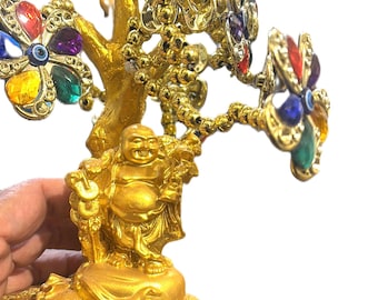 Arbre mauvais œil doré Bouddha rieur - Décoration Feng Shui Riche