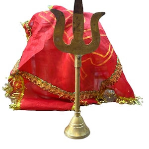 Hand Carved Brass Trishul with Stand - Hindu Puja Tool, Shiva Decor - 9 inch