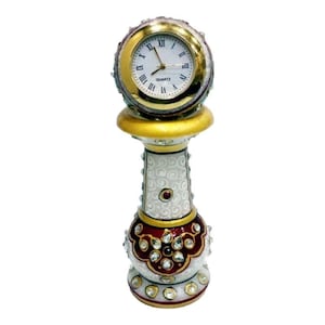Handcrafted Marble Pillar Clock – Meenakari Art, Traditional Indian Decor