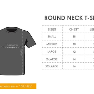 May include: A dark gray round neck t-shirt with a size chart. The chart shows chest measurements from 38 to 46 inches and lengths from 26 to 30 inches. The text "All measurements are in "INCHES"" is at the bottom.