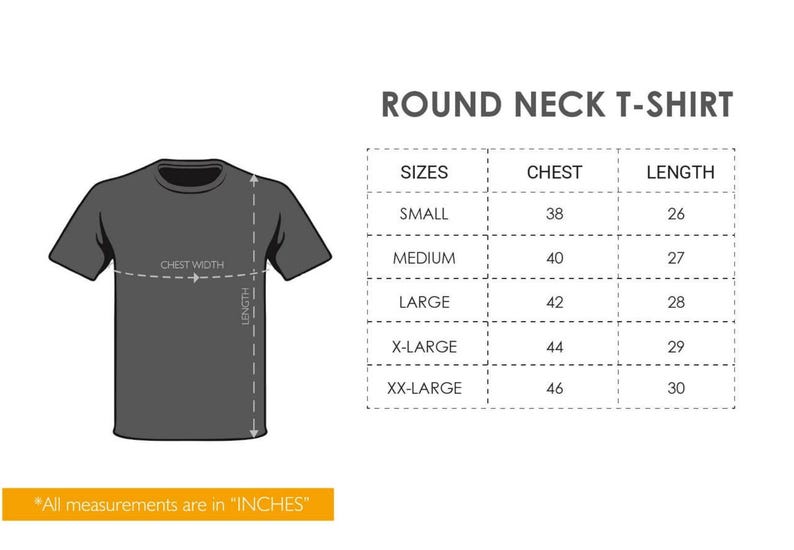 May include: A dark gray round neck t-shirt with a size chart. The chart shows chest measurements from 38 to 46 inches and lengths from 26 to 30 inches. The text "All measurements are in "INCHES"" is at the bottom.