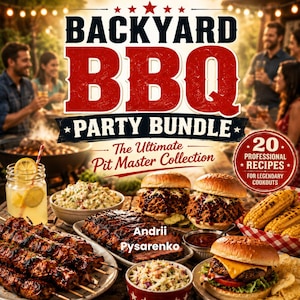 Peut inclure: Image d'un barbecue en plein air avec une variété de viandes grillées, de hamburgers et d'accompagnements. Le texte sur l'image indique "BACKYARD BBQ PARTY BUNDLE" et "The Ultimate Pit Master Collection" avec "20 Professional Recipes".