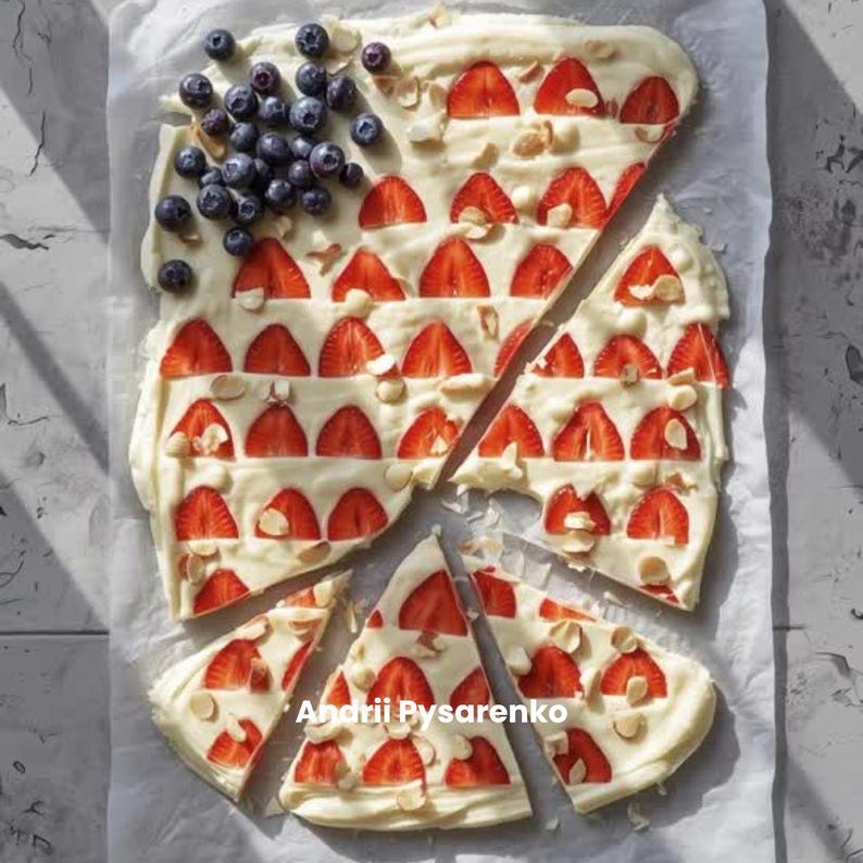 May include: A dessert bark with a white base, sliced strawberries, blueberries, and almond slivers arranged in a flag design. The bark is cut into irregular pieces, with the artist's name in the bottom right corner.