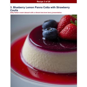 May include: A dessert featuring a creamy white base topped with a dark purple glaze and fresh blueberries and strawberries. The dessert is presented on a red plate, with text that reads "Blueberry Lemon Panna Cotta with Strawberry Coulis."