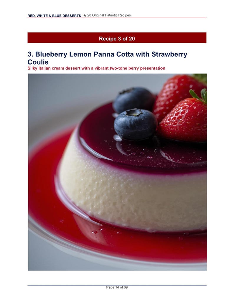 May include: A dessert featuring a creamy white base topped with a dark purple glaze and fresh blueberries and strawberries. The dessert is presented on a red plate, with text that reads "Blueberry Lemon Panna Cotta with Strawberry Coulis."