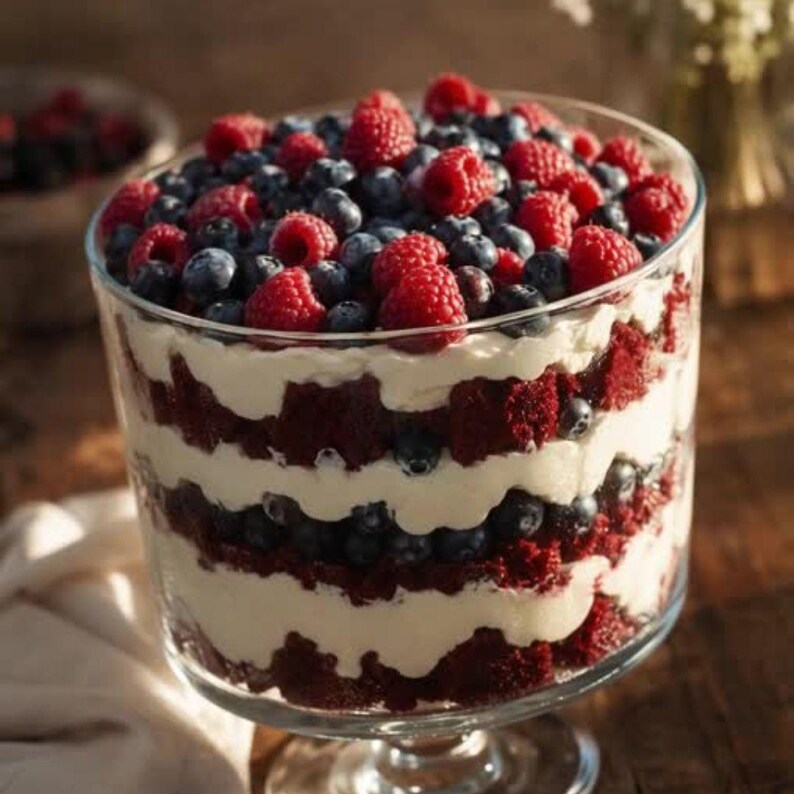 May include: A layered dessert in a clear glass trifle bowl. The dessert features alternating layers of red cake, white cream, and fresh blueberries. The top is garnished with fresh raspberries and blueberries.