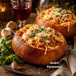 Pu&ograve; includere: Due ciotole di pane a lievitazione naturale ripiene di spaghetti al sugo di pomodoro rosso, guarnite con formaggio bianco fuso ed erbe verdi. Il testo Andrii Pysarenko &egrave; visibile nell'angolo in basso a destra vicino alla ciotola.
