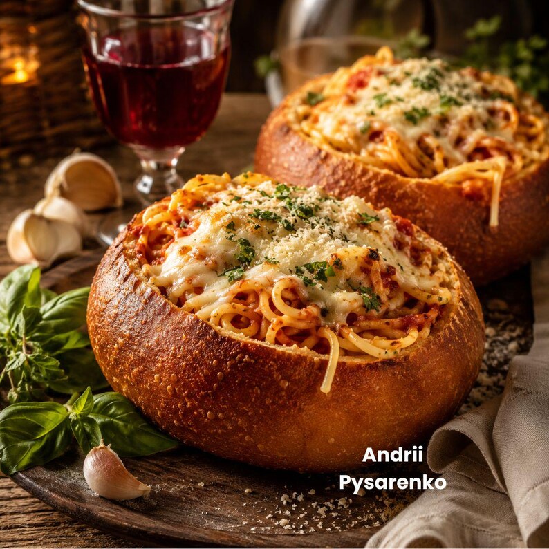 Pu&ograve; includere: Due ciotole di pane a lievitazione naturale ripiene di spaghetti al sugo di pomodoro rosso, guarnite con formaggio bianco fuso ed erbe verdi. Il testo Andrii Pysarenko &egrave; visibile nell'angolo in basso a destra vicino alla ciotola.