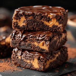 May include: A stack of three square chocolate brownies featuring swirls of light brown peanut butter filling throughout the dark cocoa crumb, topped with a drizzle of dark chocolate ganache and a dusting of cocoa powder on the base.