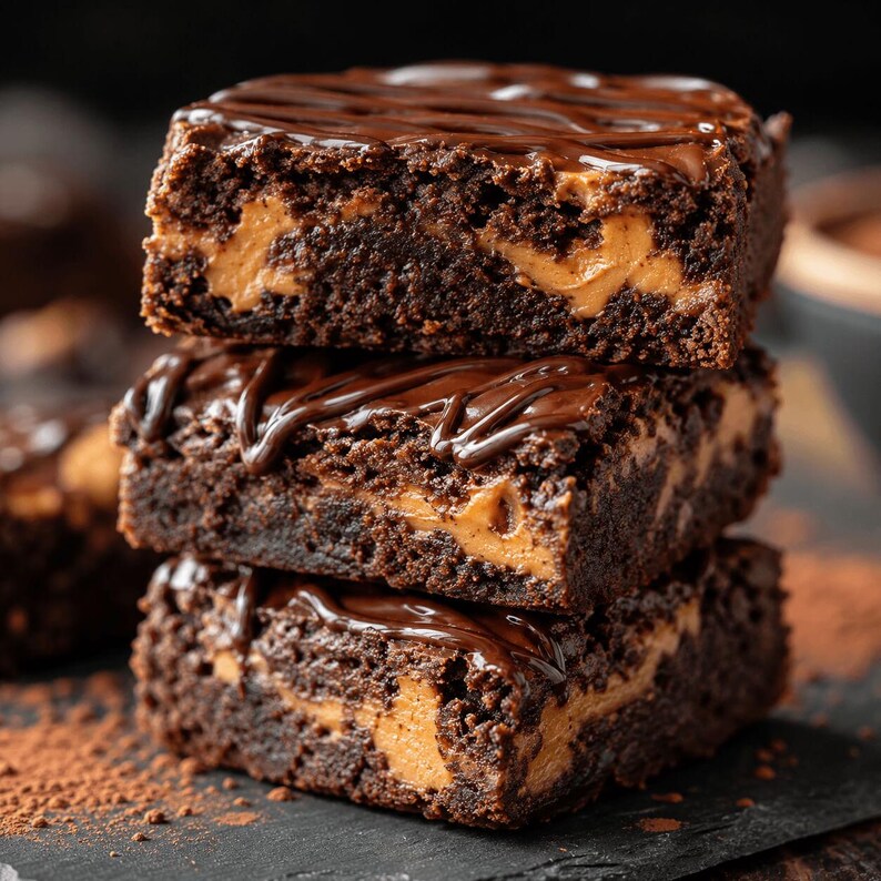 May include: A stack of three square chocolate brownies featuring swirls of light brown peanut butter filling throughout the dark cocoa crumb, topped with a drizzle of dark chocolate ganache and a dusting of cocoa powder on the base.