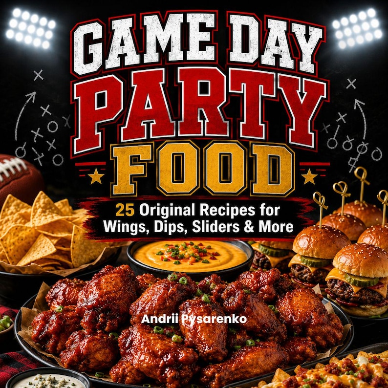 May include: A cookbook titled GAME DAY PARTY FOOD 25 Original Recipes for Wings, Dips, Sliders & More by Andrii Pysarenko. The cover features a spread of chicken wings, sliders, tortilla chips, and cheese dip against a dark stadium background.