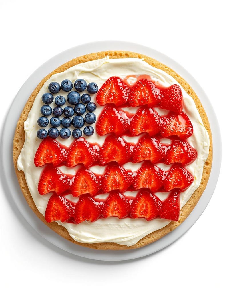 May include: A festive dessert resembling the American flag. The base is a golden-brown pastry, topped with white cream, and decorated with blueberries and sliced strawberries. The dessert is presented on a white plate.