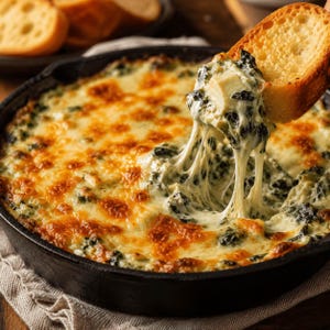 May include: A black cast iron skillet containing baked spinach and artichoke dip with a golden brown melted cheese topping. A piece of toasted baguette is lifting a portion of the creamy green and white dip, creating long, stretchy cheese strings.