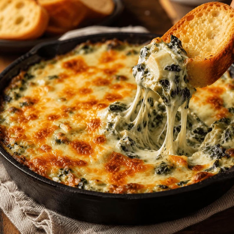 May include: A black cast iron skillet containing baked spinach and artichoke dip with a golden brown melted cheese topping. A piece of toasted baguette is lifting a portion of the creamy green and white dip, creating long, stretchy cheese strings.