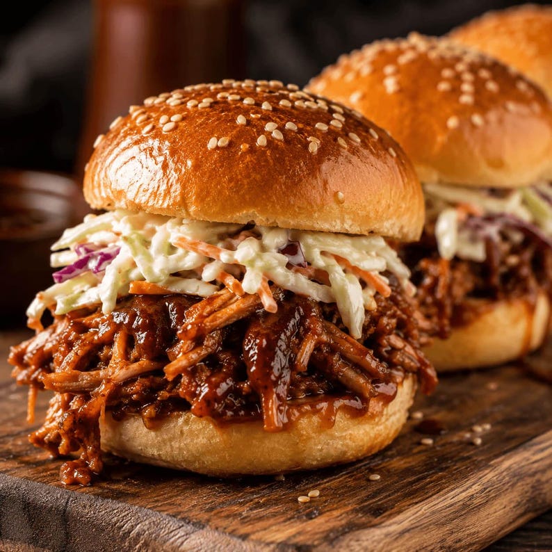 May include: Two pulled pork sandwiches on toasted sesame seed buns, topped with a generous portion of creamy coleslaw featuring shredded cabbage and carrots, coated in a dark, glossy barbecue sauce, served on a rustic wooden board.