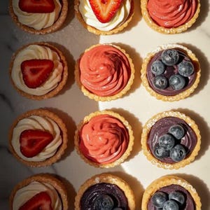 May include: An overhead shot of several mini tarts with various toppings. Some tarts have white cream and sliced strawberries, others have red cream, and some are topped with blueberries. The tarts are arranged in neat rows on a light-colored surface.