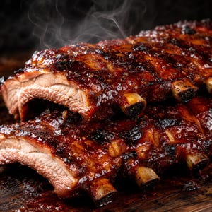 Könnte beinhalten: Eine Rippchen-Leiter, überzogen mit einer dicken, dunkelroten Barbecue-Glasur mit sichtbaren Grillspuren und glänzendem Finish. Das Fleisch zeigt eine hellrosa Textur nahe dem Knochen und feine Dampfschwaden steigen von der Oberfläche auf.