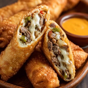May include: Golden-brown fried egg rolls cut in half to reveal a savoury filling of ground beef, melted white cheese, diced green peppers, and onions, served with a small bowl of orange dipping sauce on a wooden platter.