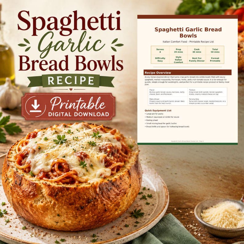 Pu&ograve; includere: Una scheda ricetta stampabile per ciotole di pane all'aglio con spaghetti e un'icona di download digitale. L'immagine mostra una pagnotta rotonda svuotata e riempita con spaghetti, salsa di pomodoro e formaggio fuso, guarnita con erbe fresche.
