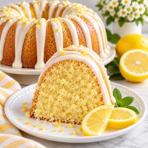 Può includere: Una ciambella al limone giallo dorato con una spessa glassa bianca e scorza di limone. Una fetta è servita su un piatto bianco con fette di limone fresco e foglie di menta verde, mentre una torta intera si trova su un supporto sullo sfondo.