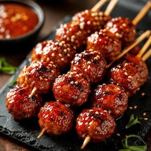 May include: Several skewers of glazed meatballs arranged on a dark rectangular slate platter. Each meatball is coated in a glossy, dark brown sauce and sprinkled with small white sesame seeds. A small bowl of dipping sauce is visible nearby.