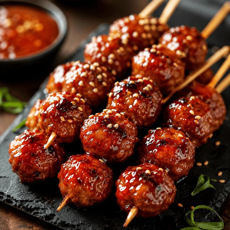May include: Several skewers of glazed meatballs arranged on a dark rectangular slate platter. Each meatball is coated in a glossy, dark brown sauce and sprinkled with small white sesame seeds. A small bowl of dipping sauce is visible nearby.