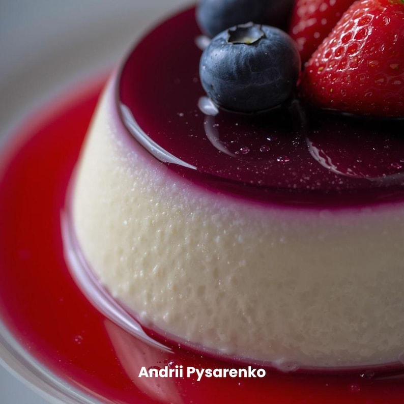 May include: A close-up of a dessert with a white base, topped with a dark purple glaze and fresh blueberries and strawberries. The dessert sits in a red sauce. The text "Andrii Pysarenko" is at the bottom.