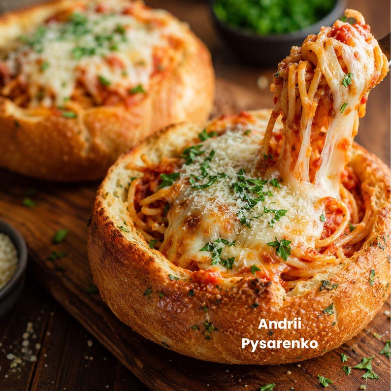 Pu&ograve; includere: Due ciotole di pane rotonde ripiene di spaghetti, salsa di pomodoro rossa e formaggio fuso, guarnite con erbe verdi. Una forchetta solleva una porzione di pasta al formaggio da una ciotola. Il testo Andrii Pysarenko &egrave; visibile in basso a destra.