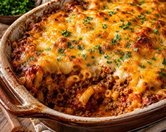 Ricetta della casseruola di hamburger al formaggio, cena a base di pasta con carne macinata (download digitale)