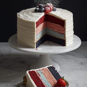 May include: A multi-layered cake with white frosting and colorful layers of red, pink, blue, and navy. The cake is on a white marble cake stand, with a slice on a plate garnished with berries. Powdered sugar is sprinkled on top.