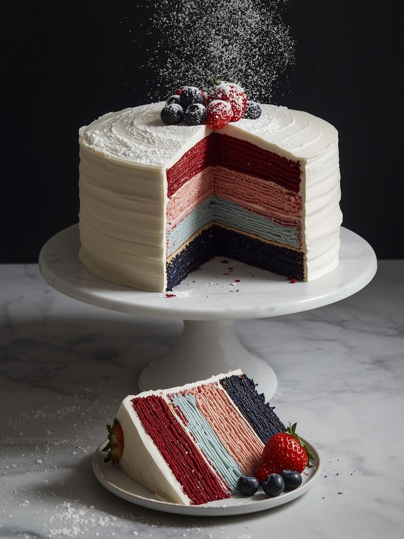 May include: A multi-layered cake with white frosting and colorful layers of red, pink, blue, and navy. The cake is on a white marble cake stand, with a slice on a plate garnished with berries. Powdered sugar is sprinkled on top.