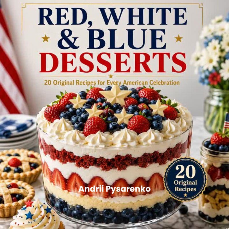 May include: A cookbook cover titled "Red, White & Blue Desserts" with a layered dessert featuring strawberries, blueberries, and whipped cream. The cover also includes text that reads "20 Original Recipes for Every American Celebration" and the author's name, Andrii Pysarenko.
