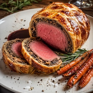 Pode incluir: Um bife Wellington com uma crosta dourada de massa folhada com padrão de rede, uma camada de duxelles de cogumelos escura e um centro de lombo de vaca vermelho malpassado. Duas fatias cortadas, com cenouras assadas e alecrim.