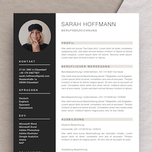 Könnte beinhalten: Ein professionelles Lebenslauf-Template mit Foto, Kontaktdaten und Abschnitten für Profil, Berufserfahrung, Ausbildung und Fähigkeiten. Das Design ist modern, mit einem dunkelgrauen und weißen Farbschema.