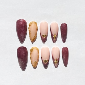 Burgundy Cat Eye Press-On Nails: Gold Heart & Star Design, Almond Shape