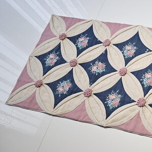 Könnte beinhalten: Ein rechteckiger Tischläufer mit floralem Design. Der Läufer hat einen rosa Rand, cremefarbene Blütenblattformen und marineblaue Quadrate mit Blumensträußen. Kleine, rosa, kreisförmige Verzierungen sind an den Kreuzungen angebracht.