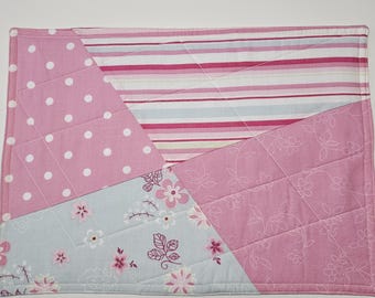 Patchwork Placemats Set 14.6x10.2in Pink Blue Vintage Quilted 4pc Handmade