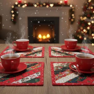 Può includere: Quattro tazze da tè rosse con piattini su un tavolo di legno, ciascuna su un sottobicchiere decorativo. Vapore che sale dalle tazze, suggerendo una bevanda calda. Un albero di Natale e un camino sullo sfondo.