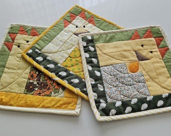 Set van 3 patchwork keukenpotten, handgequilt, katoen