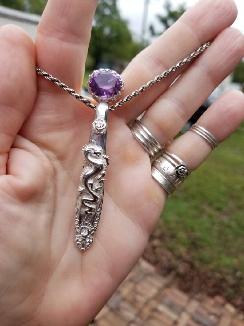 Beautiful sterling Amethyst and Dragon spoon drop pendant