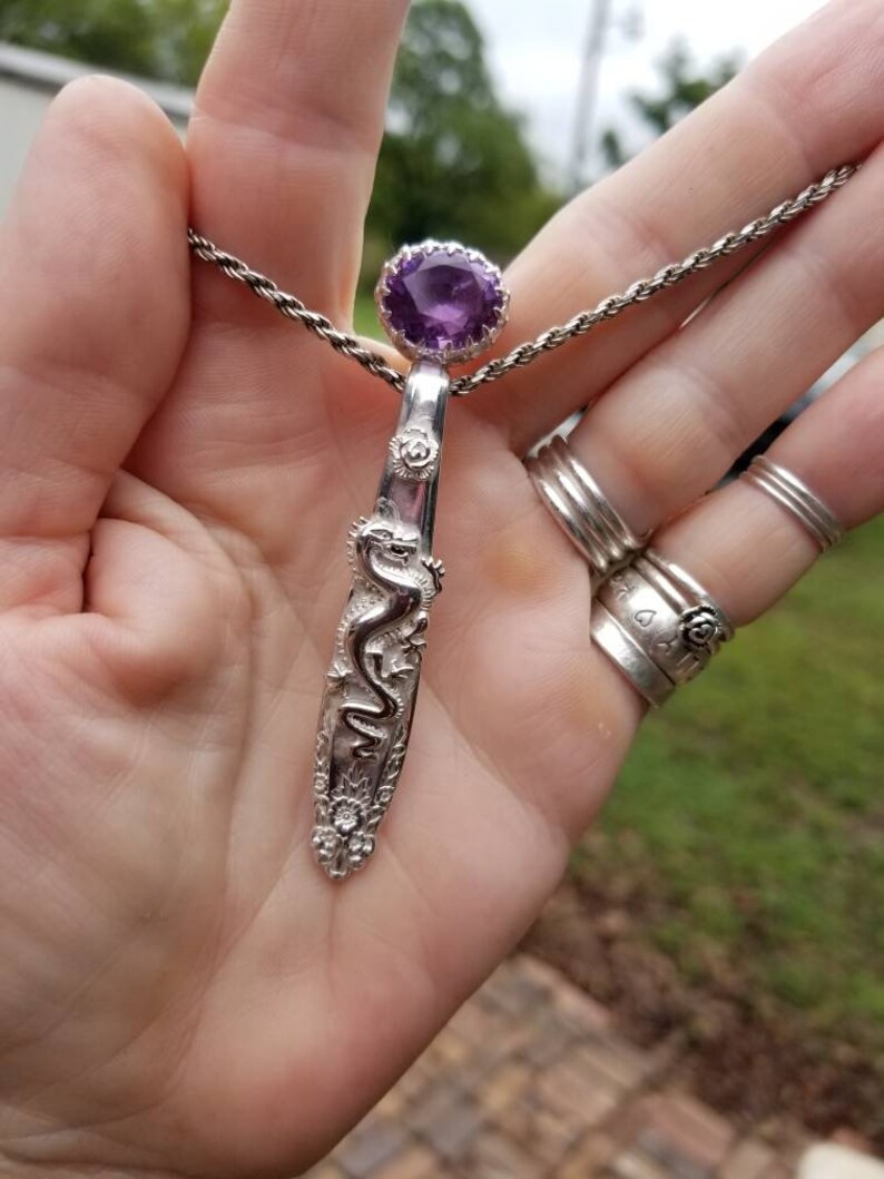 Beautiful sterling Amethyst and Dragon spoon drop pendant