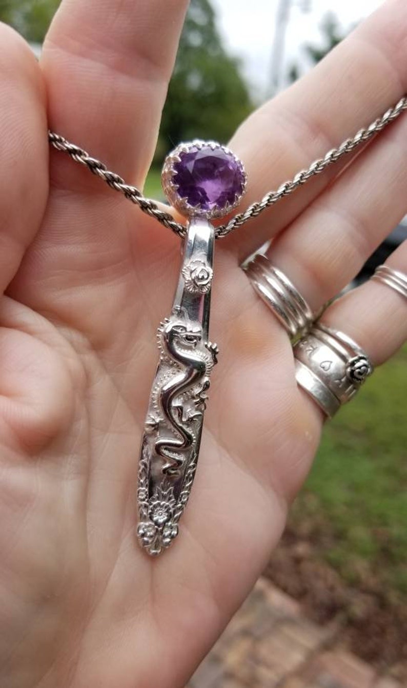 Beautiful sterling Amethyst and Dragon spoon drop pendant