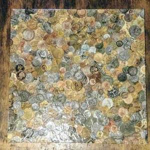 Coins on canvas. World coin collage. Wall decor. Bank decor.